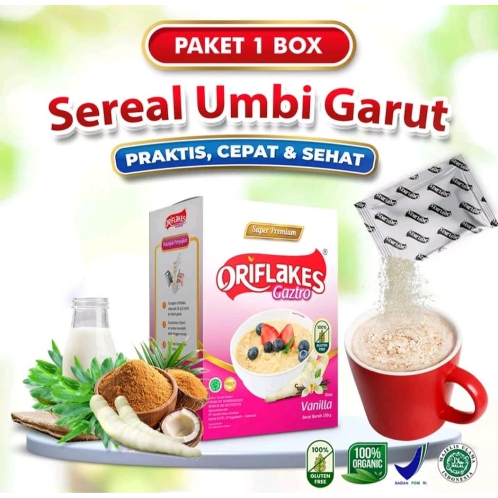 Oriflakes daily sereal umbi garut 150 gram @5 sachet.