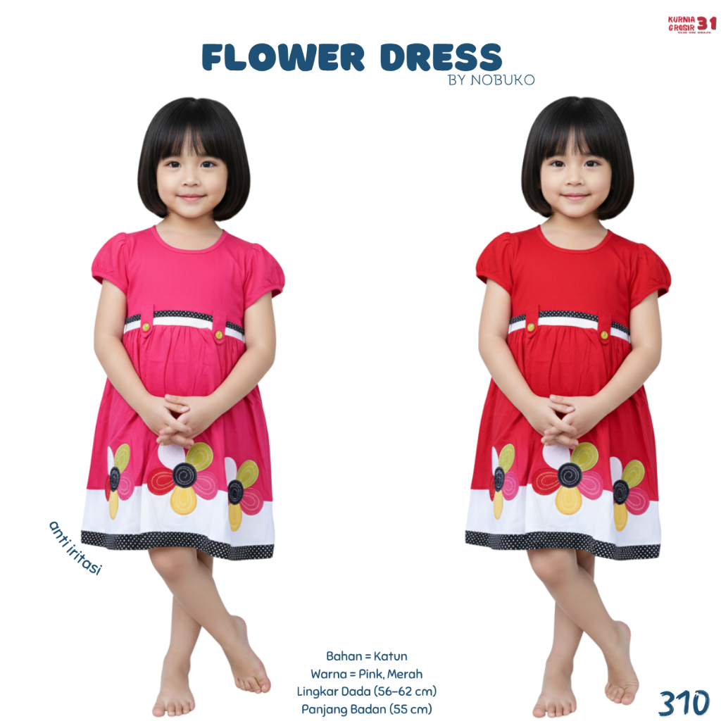 Dress Anak Perempuan Katun Premium Motif – Dress Anak Pesta Casual Katun Polos Bunga - 310