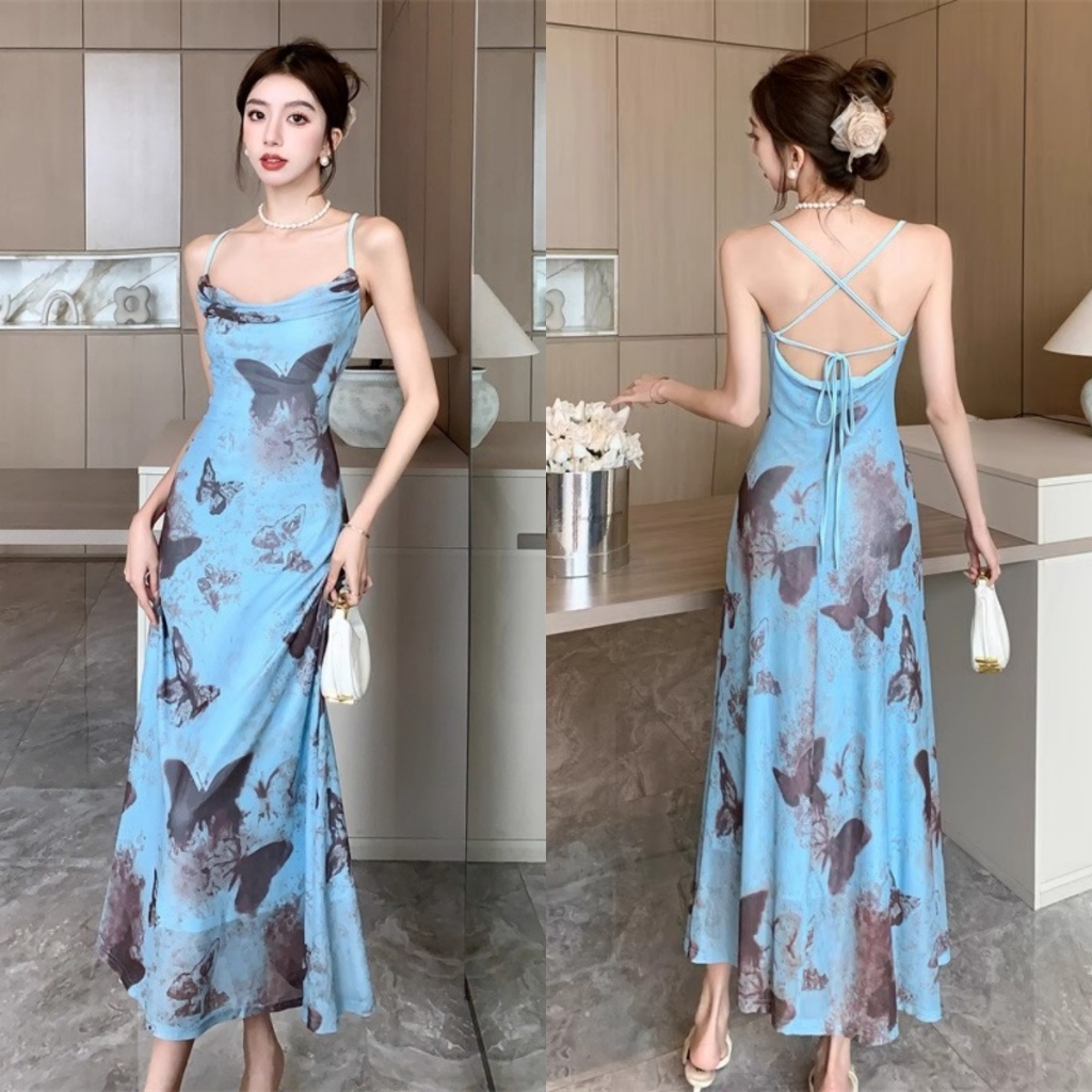 Baju Dress Biru Midi Dress Terbaru 2026 Korea Backless Dress Elegant Casual Dress Press Body Summer 