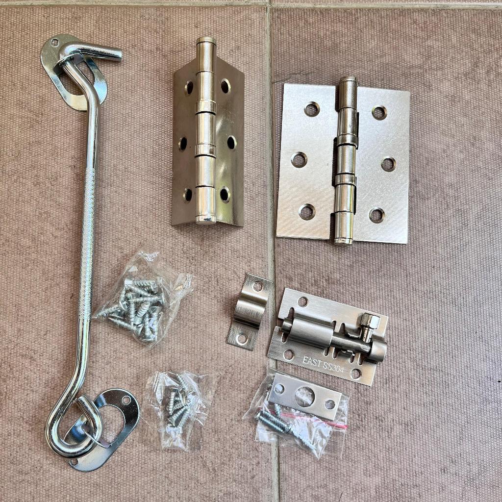 Satu set engsel 3 inch jendela komplit hak angin cantolan jendela kayu stainless + grendel slot kunc