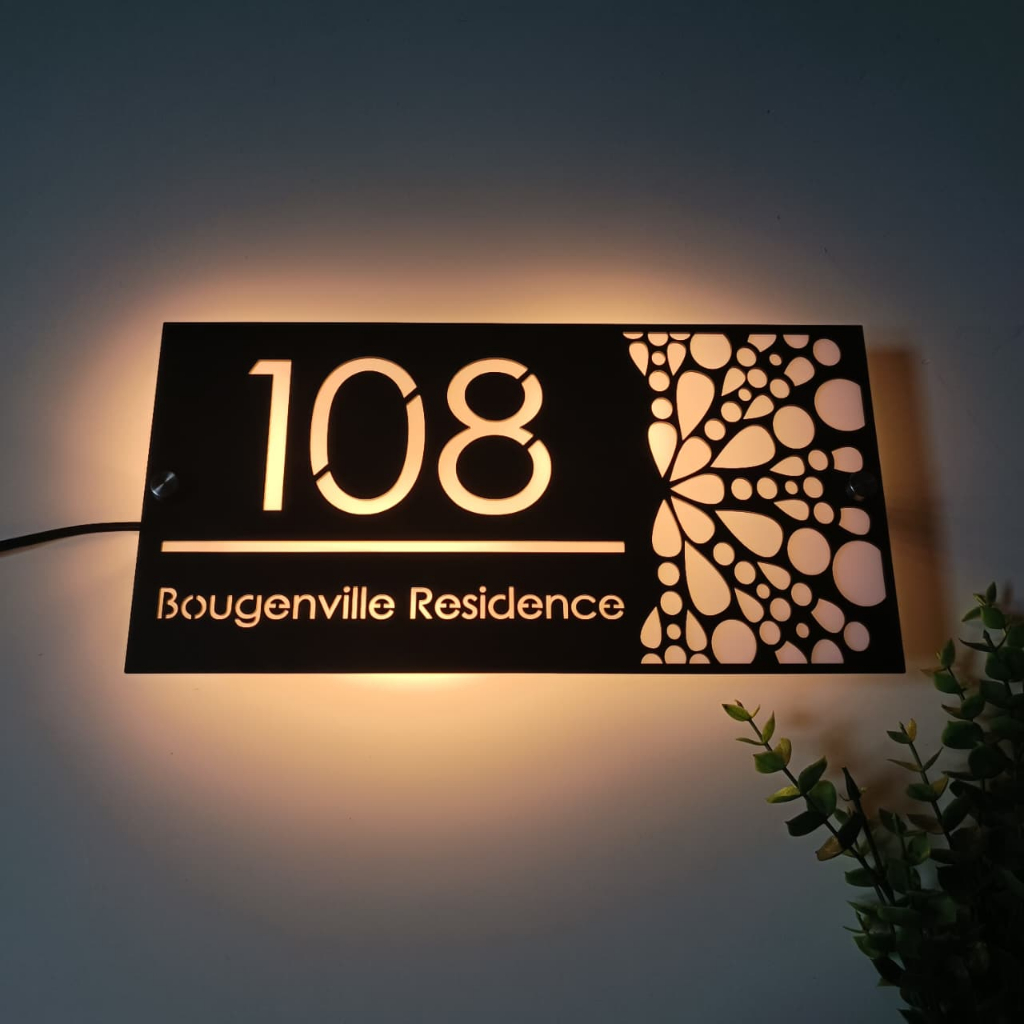 Nomor Rumah Akrilik LED 2 Layer Papan Nomer Rumah Acrylic Custom Motif