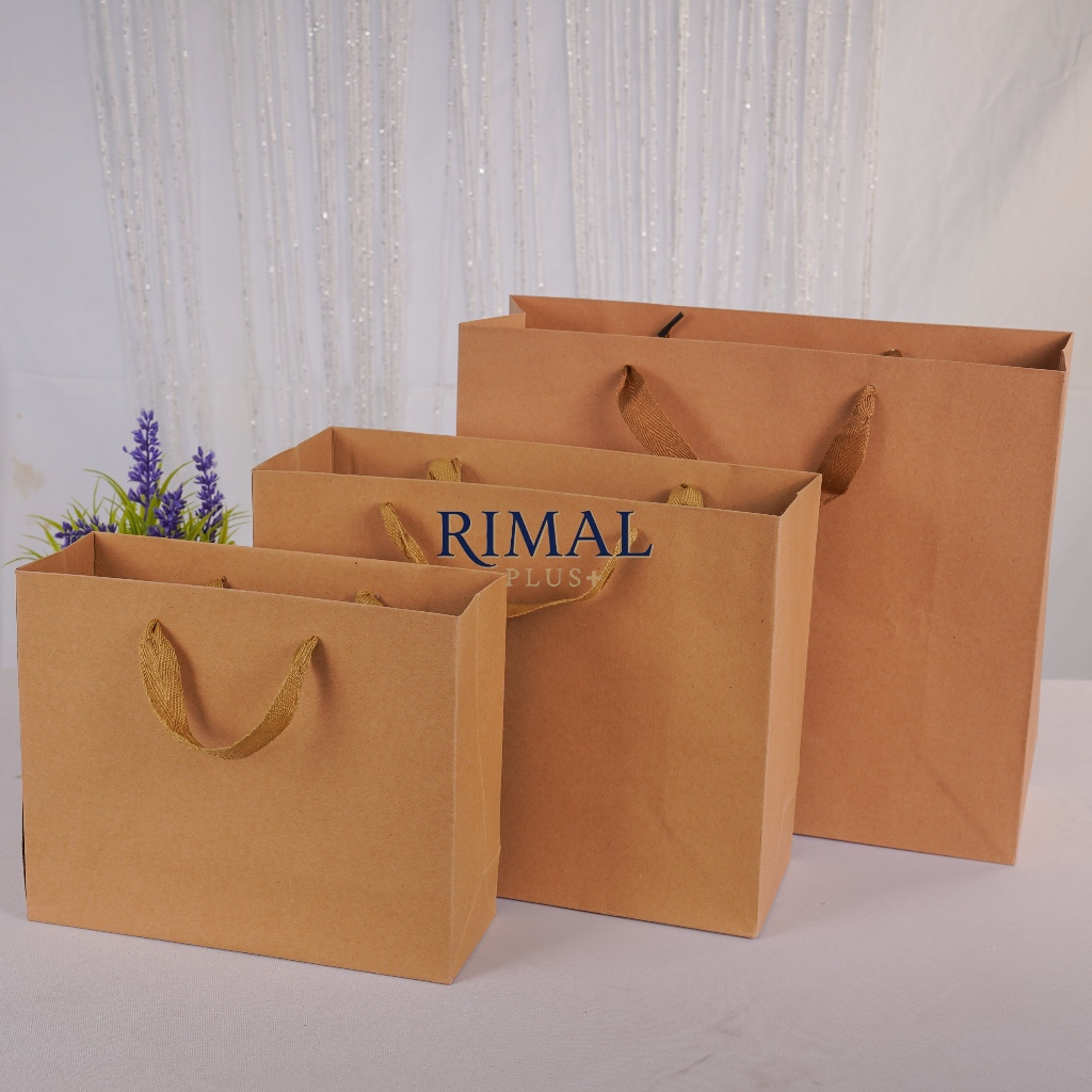Paper Bag Polos Kraft Coklat Horizontal Premium dengan Tali Untai Flat Fabric Handles | Hampers Rama