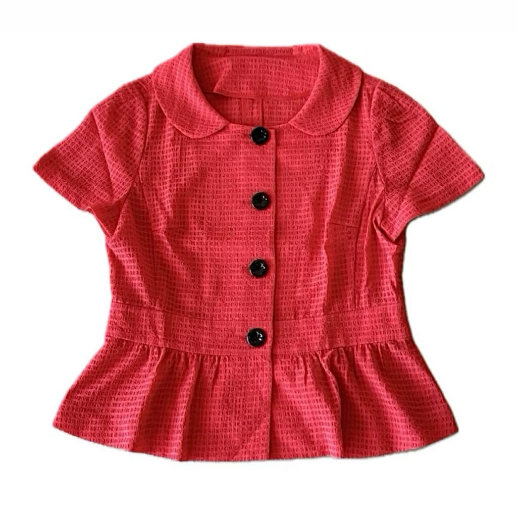 Preloved • Blouse Wanita Pink Fanta Tekstur Lengan Pendek Outer Formal Casual