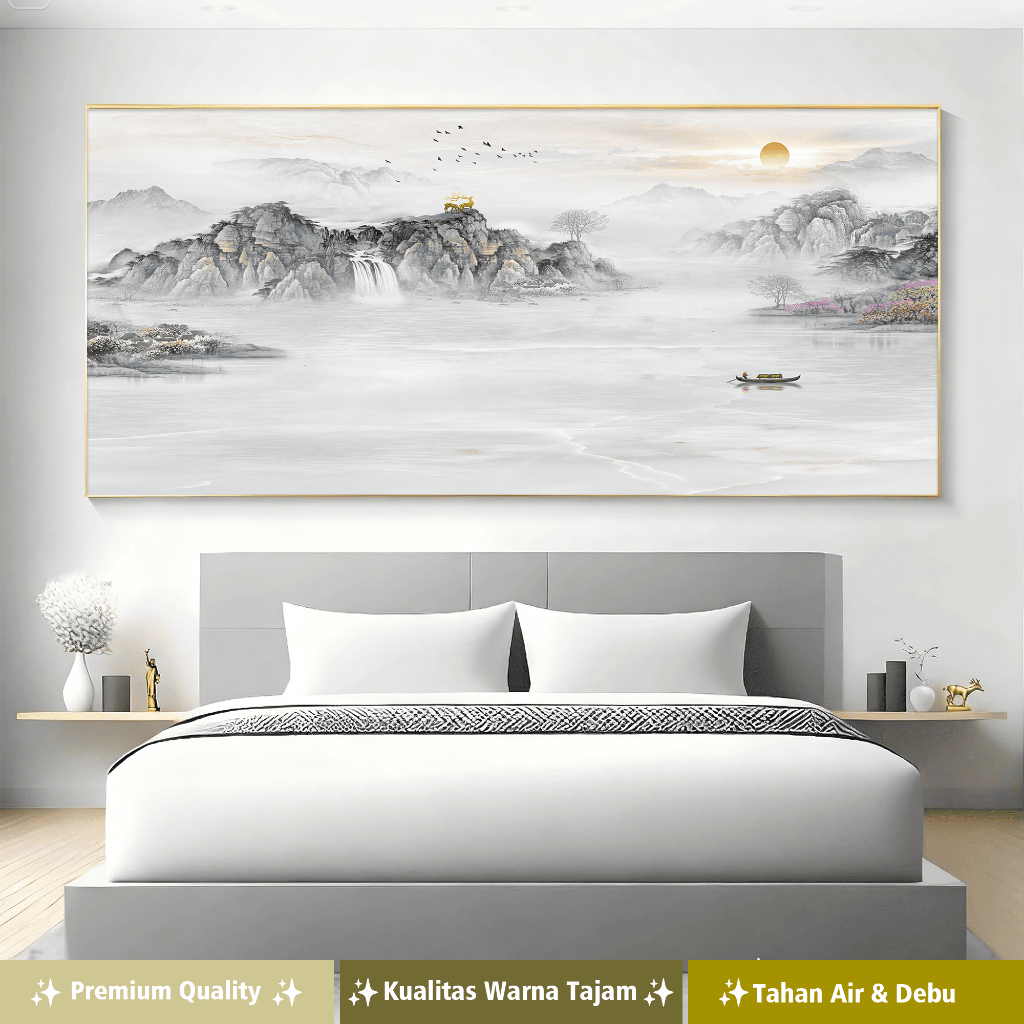 DD Hiasan dinding lukisan canvas + motif pemandangan perahu di sungai kabut