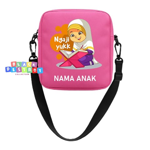 Tas Selempang Anak Motif Ngaji Perempuan Muslimah-tas selempang anak costum nama