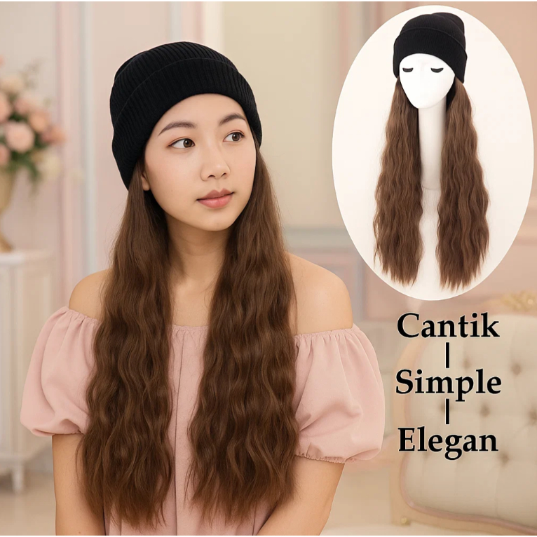Wig Topi Kupluk Wanita Panjang Bergelombang Natural Stylish Korean Style Rambut Palsu Fashion mz 20