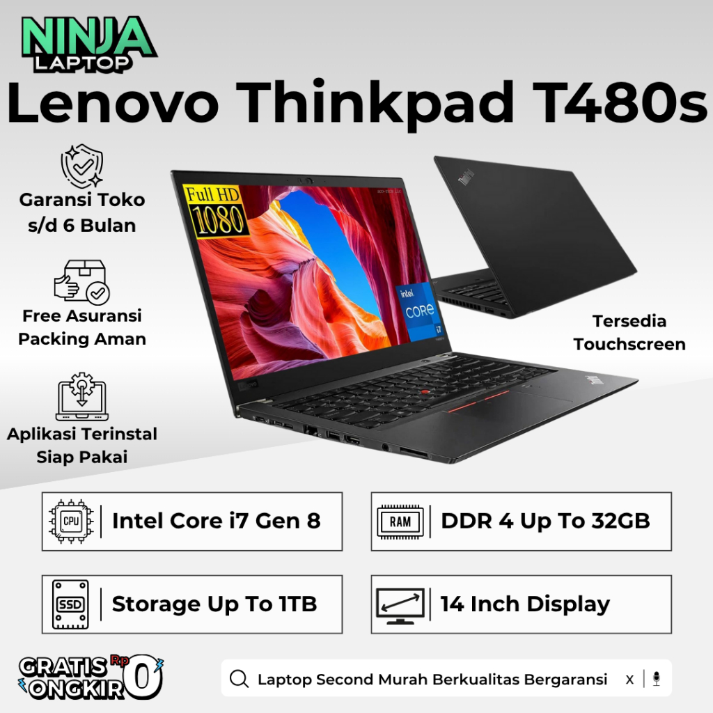 Laptop 14" Lenovo Thinkpad T480s T480 Core i7 Ram 32GB SSD 1TB Touchscreen Second Original Garansi