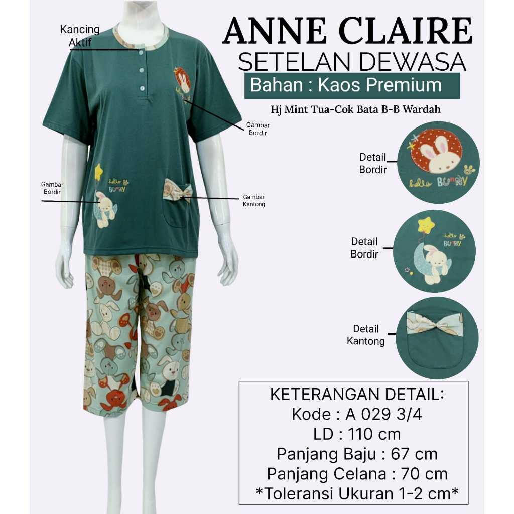 Babydoll One Set Motif Setelan Wanita Dewasa Lengan Pendek Celana L3/4 Anne Claire | One Set Baju Ti