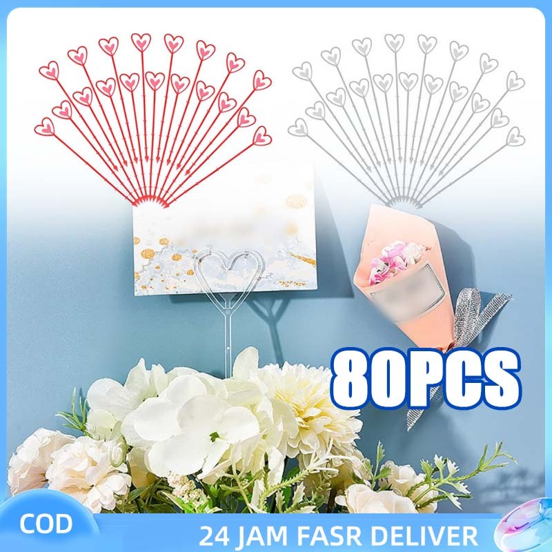 80Pcs Stik Kartu Ucapan Buket Tangkai Kartu Ucapan Stick Holder Card Plastic Heart Shape Stik Ucapan