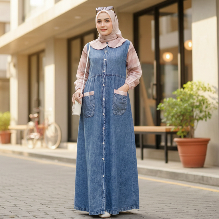zalina maxy jeans Mix Katun Triset / Dress / Baju Muslim / Pakaian Wanita Model Terbaru