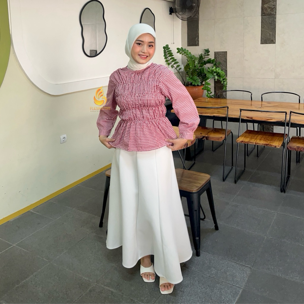 Cheries Blouse Dada Kerut Motif Kotak - Atasan Wanita Cantik Casual