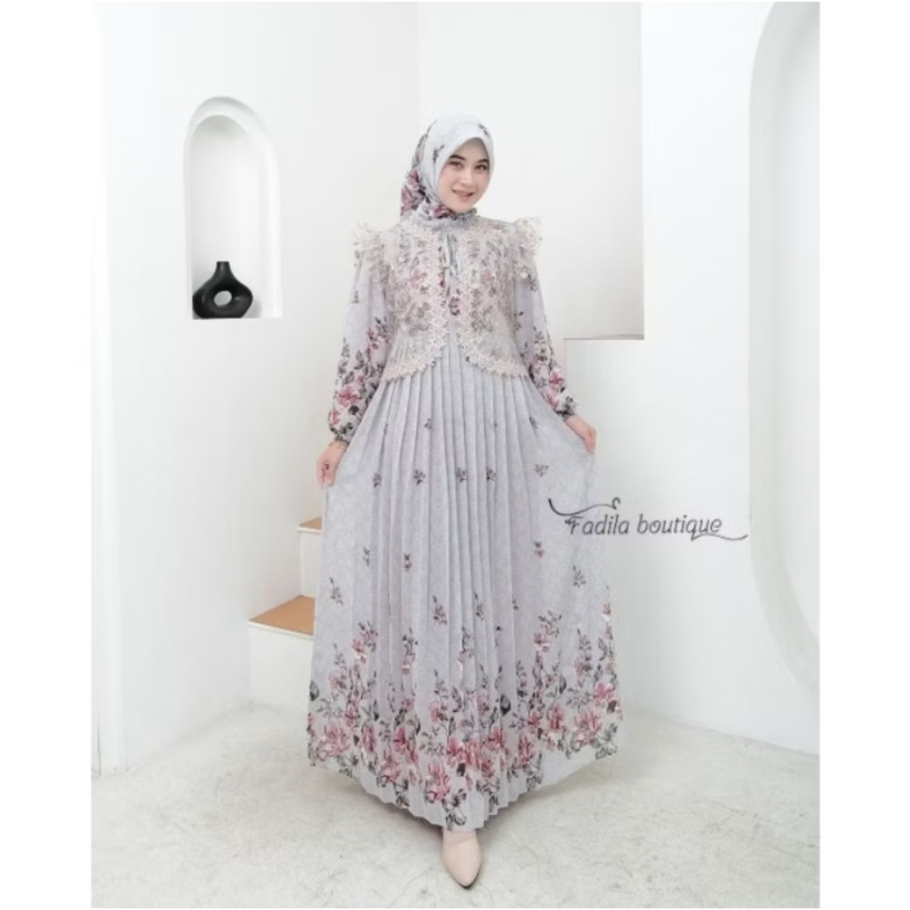 Gamis Set Hijab Aliana V2 Mix Brukat Motif Bunga (Gamis +Hijab)