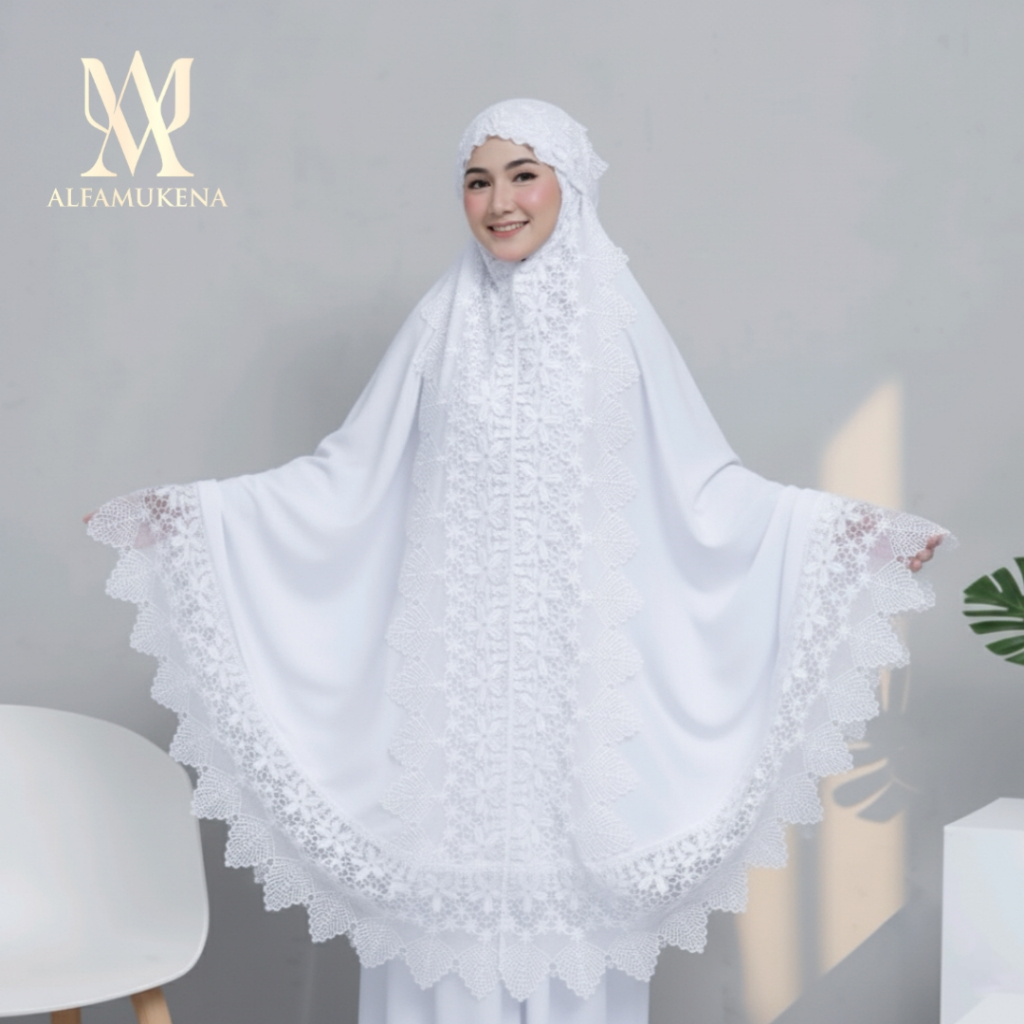 Mukena dewasa katun renda full mewah putih polos