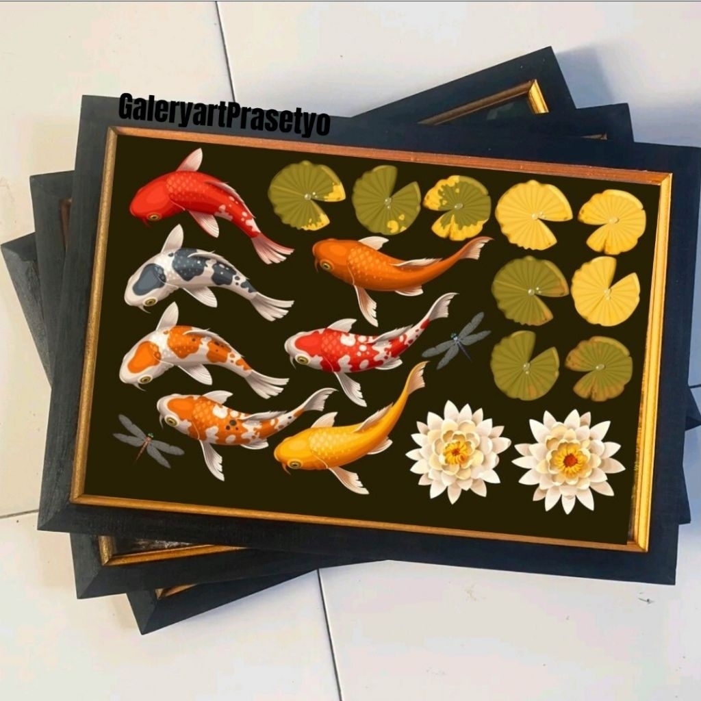 Hiasan Dinding Plus Bingkai Uk:45cm x 65cm Lukisan Cetak Ikan Koi Dan Bunga Teratai