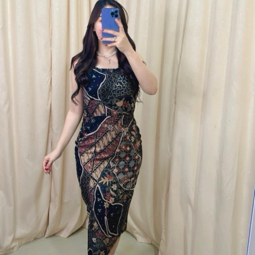 Batik NONA Wanita Dress Batik Wanita Model Klasik Lengan Panjang untuk Acara Pesta dan Kondangan