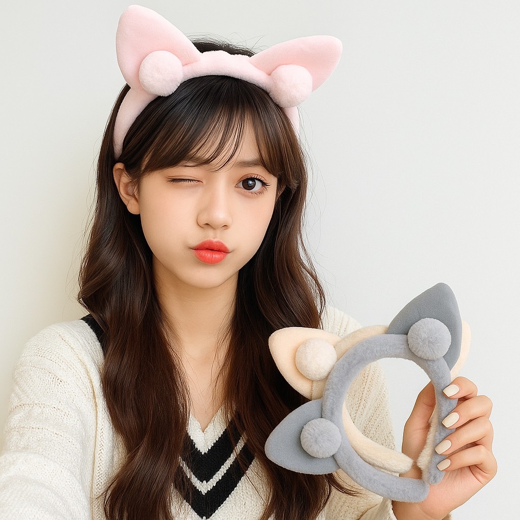 Bandoku - Bando Wanita Korea Motif Kucing Bandana Bulu Lucu Dewasa Anak Aksesoris Rambut Wanita Kece