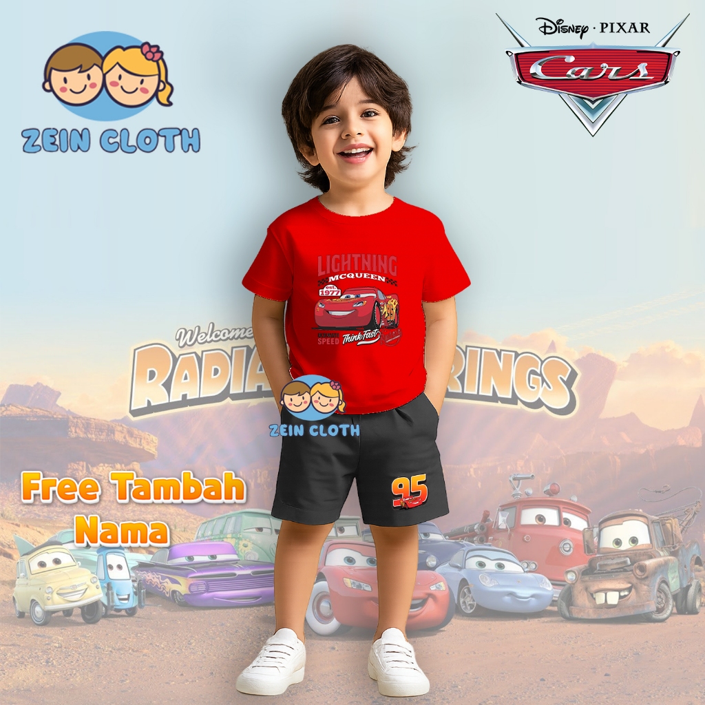 [ FREE NAMA ] Setelan Kaos Anak CARS Lightning Mcqueen / Setelan Kaos Mcqueen Cars / Baju Anak Kartu