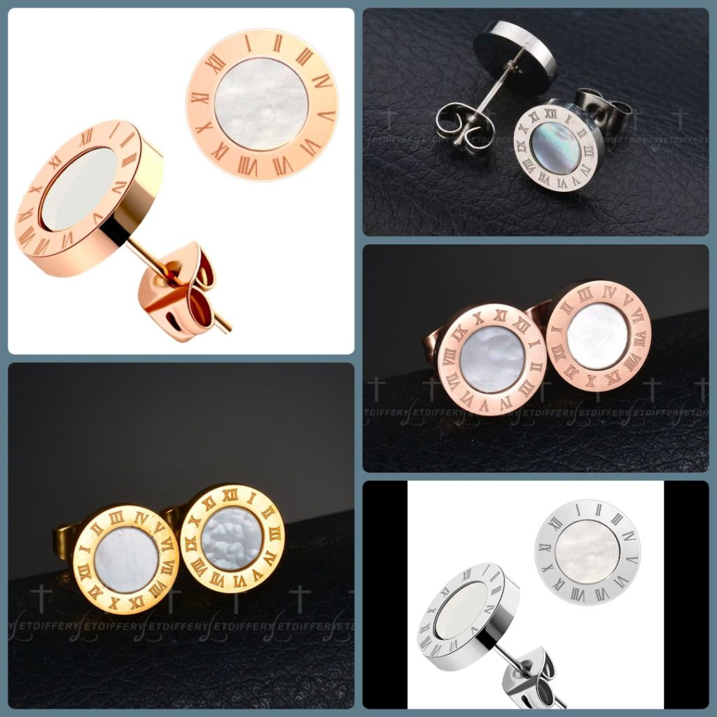 Anting-Anting Motif Angka Romawi Enamel Cangkang Shell Putih