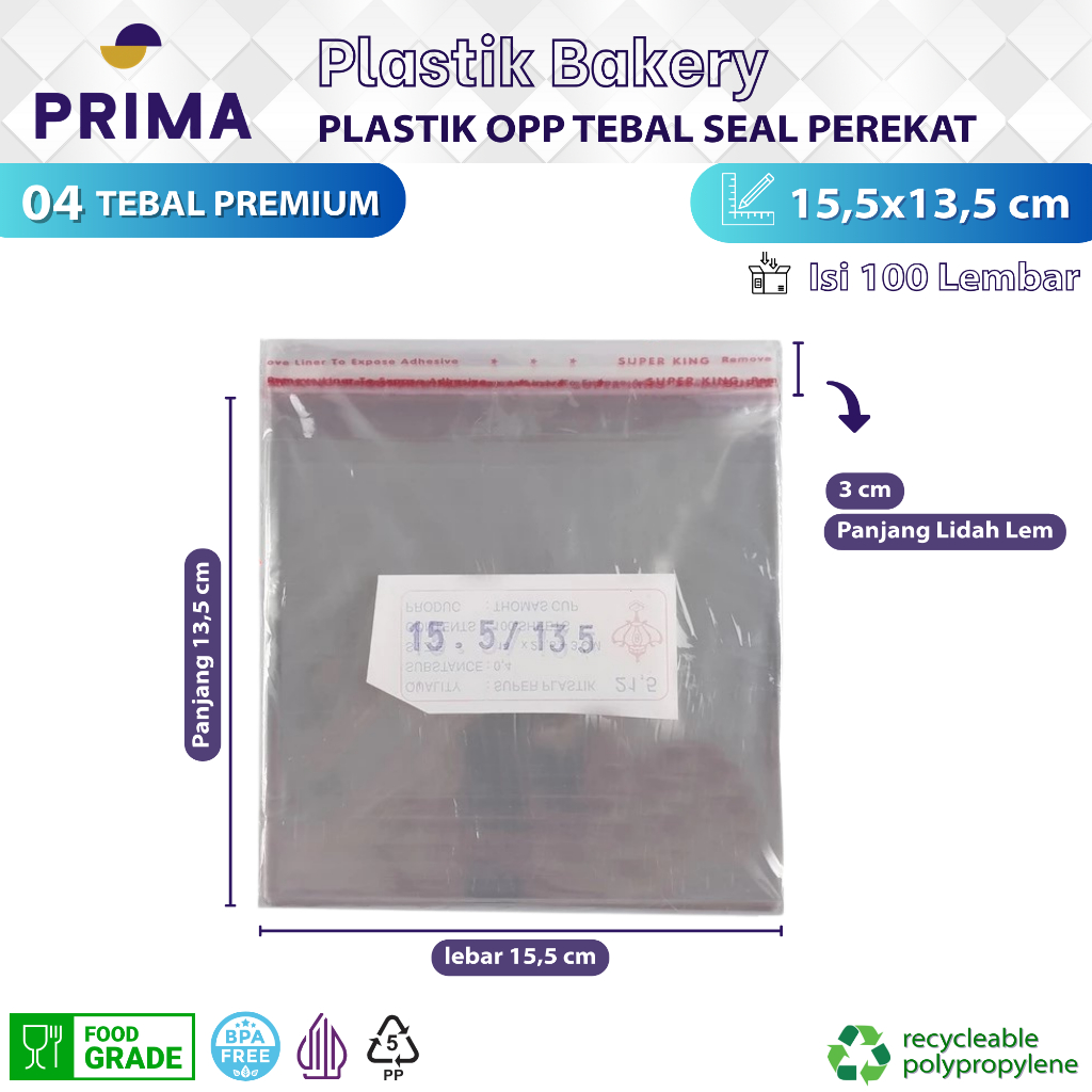Plastik Opp Tebal Bening 15,5x13,5 cm dengan Seal Perekat isi 100 pcs untuk Kemasan Roti, Undangan, 