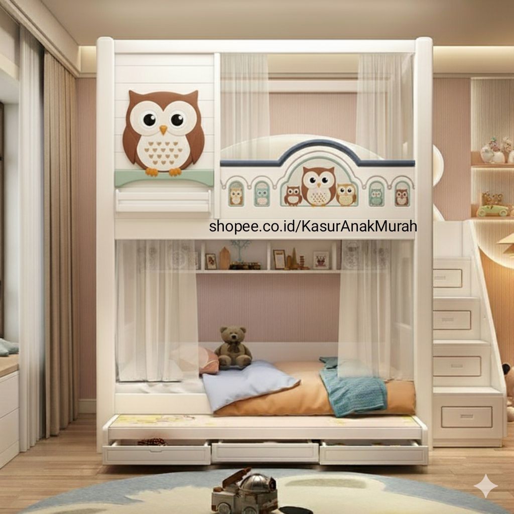 Tempat tidur tingkat Karakter Burung Owl - Bunk Bed Anak Minimalis Kayu Solid
