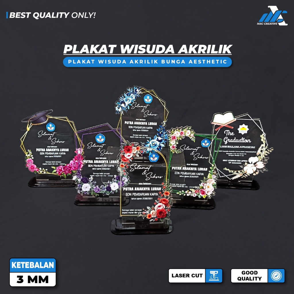 Plakat Wisuda Akrilik Motif Bunga - Plakat Vandel Akrilik Custom Acara Wisuda Penghargaan