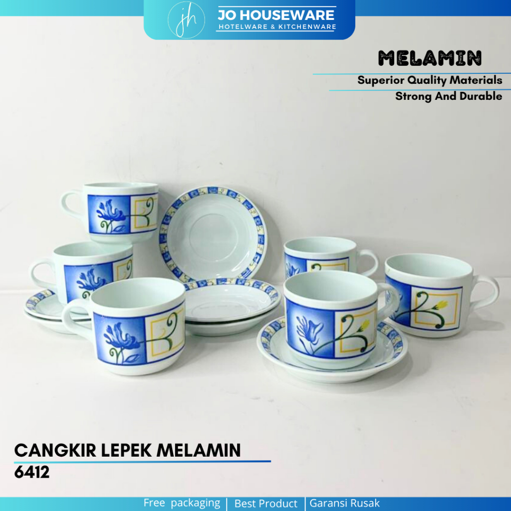 SET 12 PCS Cangkir Lepek Melamin Bunga Biru  / Cup & Saucer teh / Cangkir lepek melamin 6412