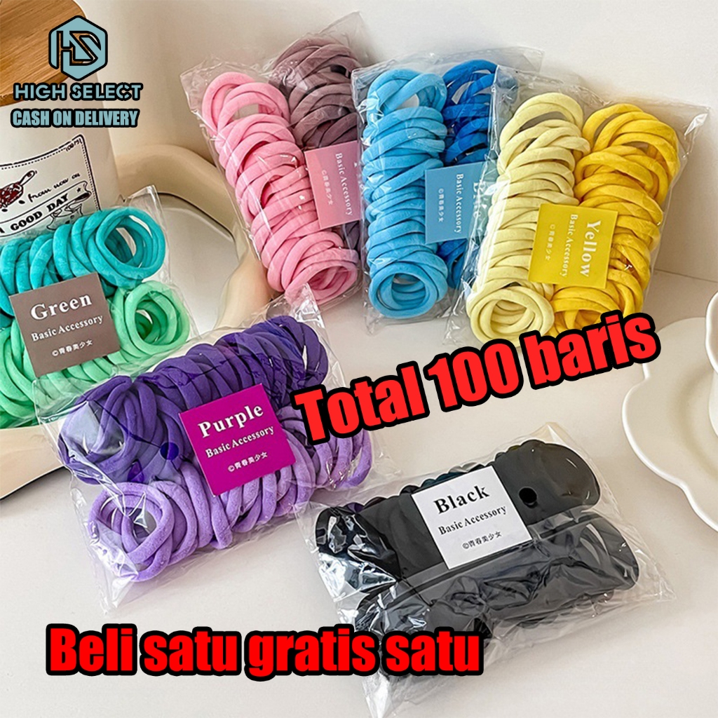 【Beli satu gratis satu】100 Buah Karet Rambut Warna-warni Elastis Tahan Lama Tidak Merusak Rambut