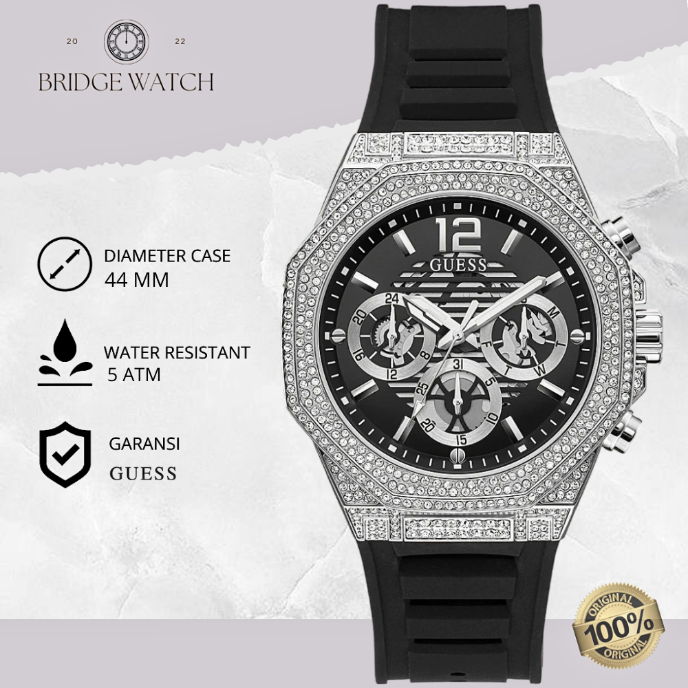 Jam Tangan Pria Guess Momentum GW0518G1 Chronograph Black Rubber Strap Hitam Casual Sporty Original