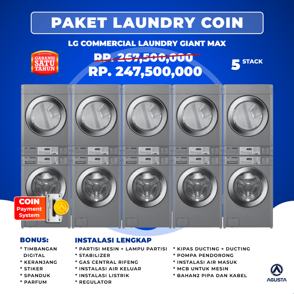 Paket Mesin Laundry Koin 5 Stack LG COMMERCIAL GIANT MAX