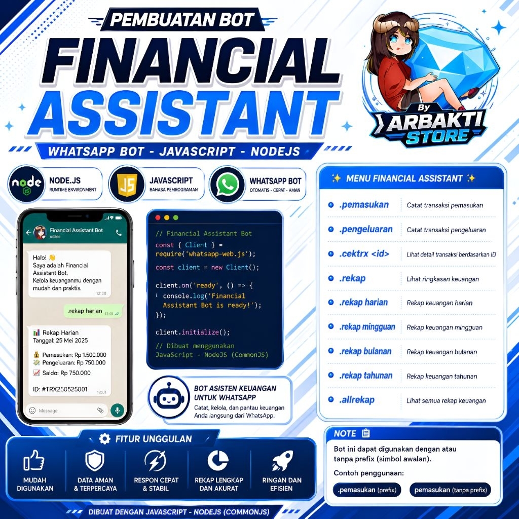 Jasa Pembuatan Bot Financial Assistant WhatsApp JavaScript NodeJS CommonJS | Bot Catat Keuangan Otom