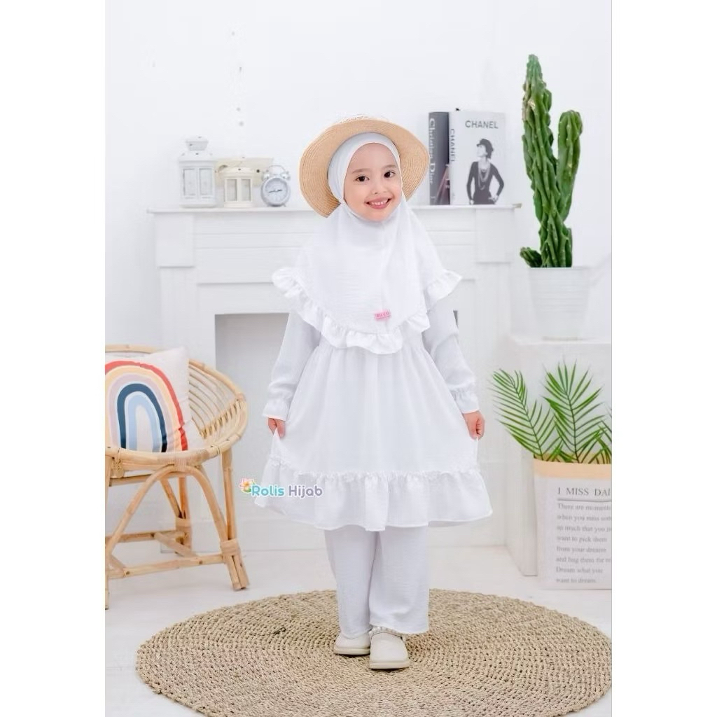 Preloved GAMIS PUTIH ANAK PEREMPUAN Setelan Celana size M/gamis manasik haji/baju muslim anak putih