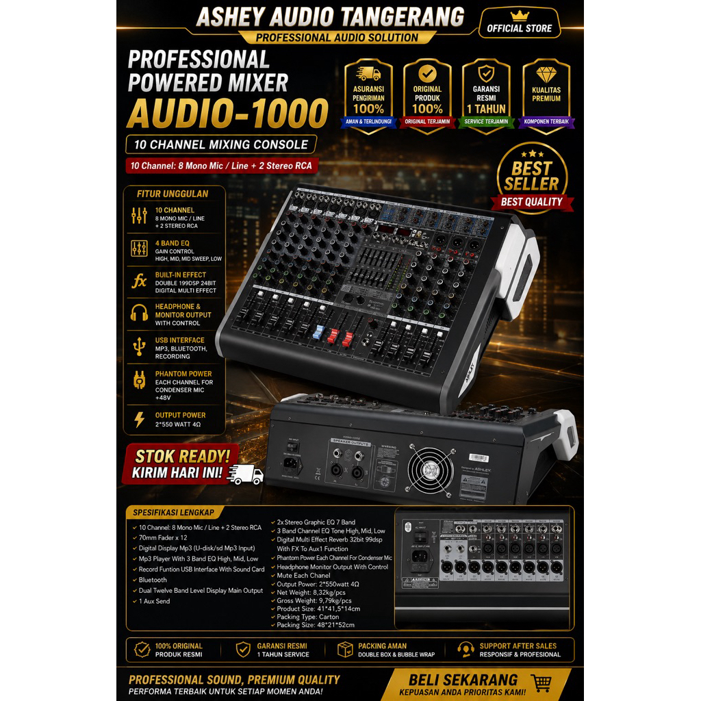 POWERED MIXER ASHLEY 550WATT POWER MIXER ASHLEY AUDIO1000 AUDIO 1000 AUDIO-1000 ORIGINAL BERGARANSI 
