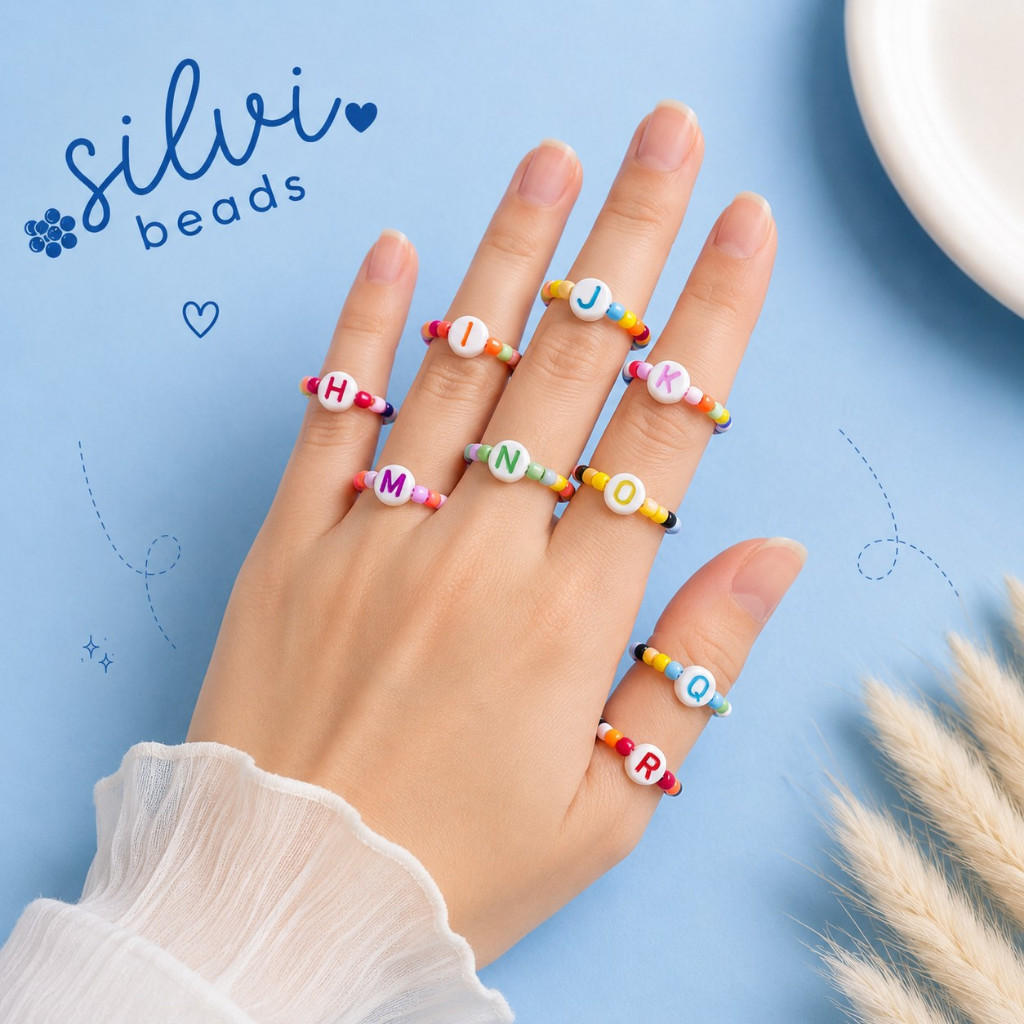 Cincin Inisial Manik Huruf A-Z | Beaded Ring Handmade Estetik | Cincin Elastis Wanita Pria | Cincin 