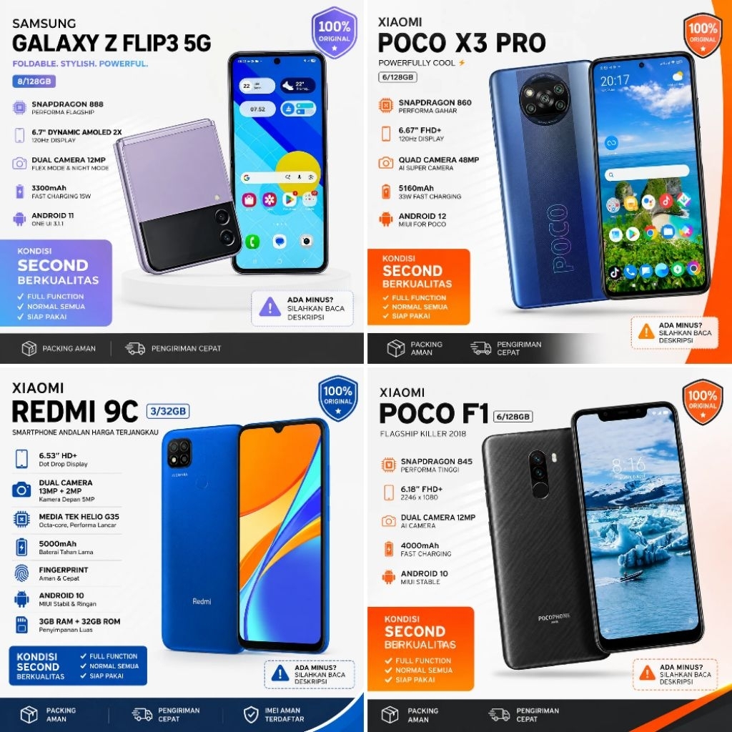 HP handphone smartphone second samsung z flip 3 8/128 xiaomi poco x3 pro 6/128 xiaomi poco f1 6/128 