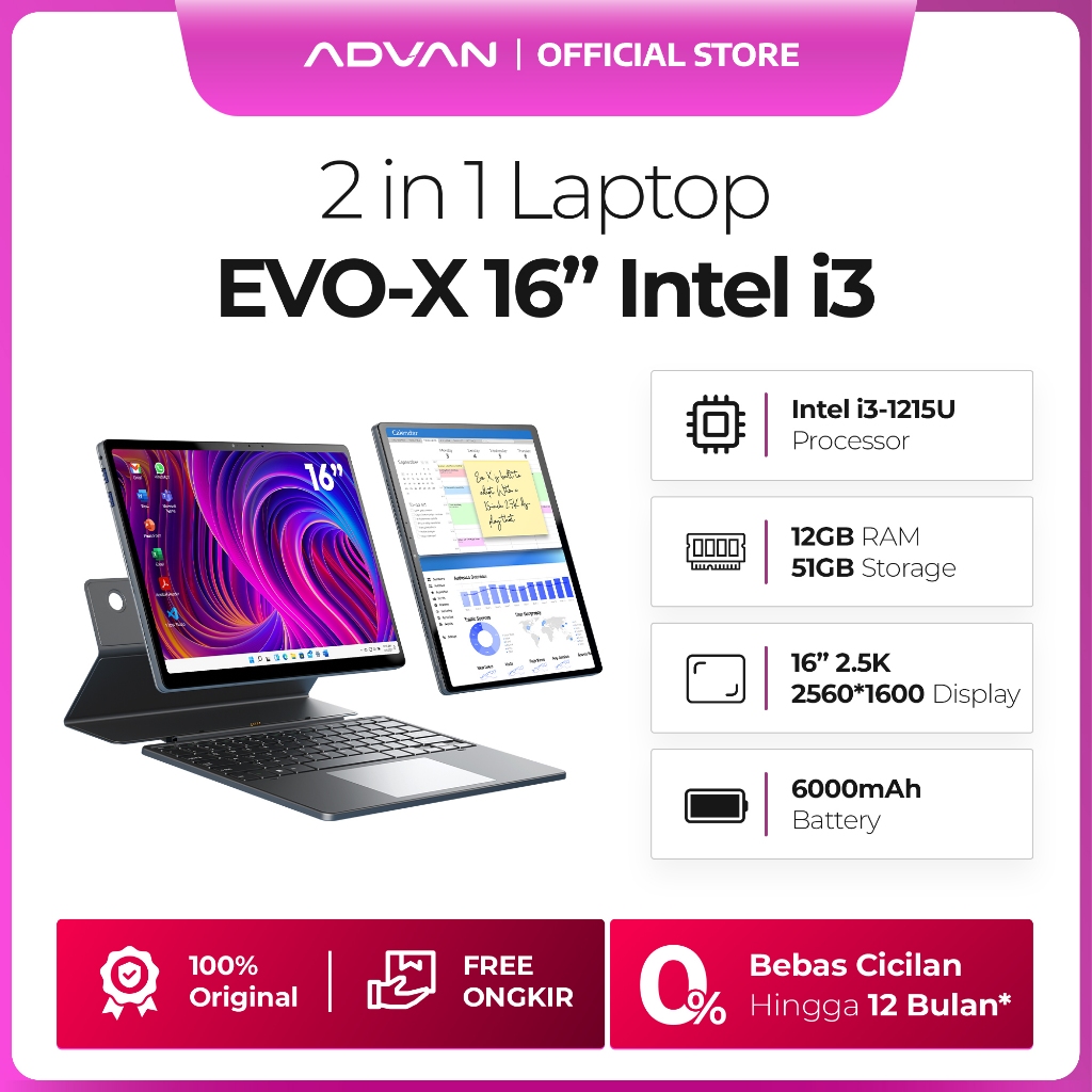 [BEST DEAL] ADVAN Laptop 2 in 1 EVO-X 16” Touch Screen Detachable 2.5K Display Intel i3-1215U 12GB/5
