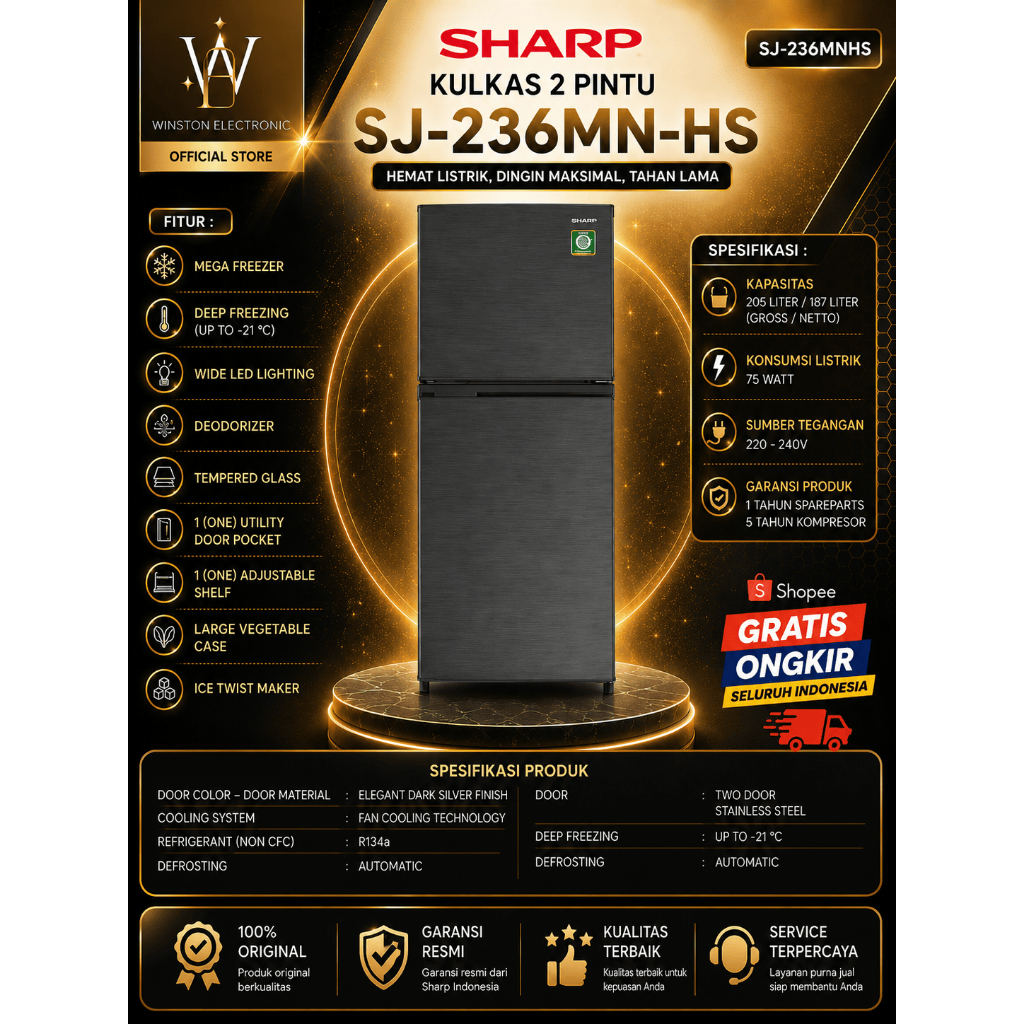 Kulkas 2 Pintu Sharp SJ-236MNHS/SJ236MNHS/SJ 236MNHS/SJ-236-MNHS/SHARP KULKAS ORIGINAL GARANSI RESMI