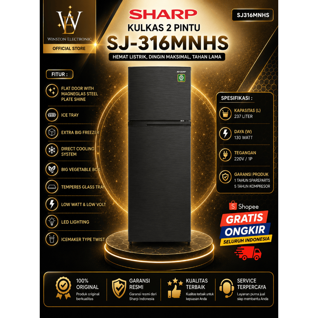 Kulkas Sharp 2 Pintu SJ316MNHS 237L/ SJ-316MNHS/SJ 316MNHS/SHARP KULKAS 2 PINTU ORIGINAL BERGARANSI