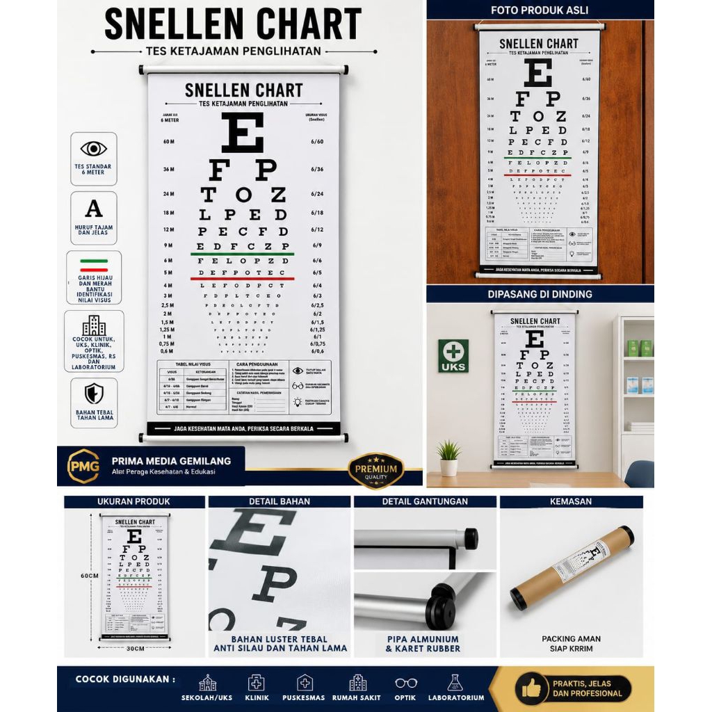 Snellen Chart Premium Tes Uji 6 Meter | Papan Tes Mata | Alat Tes Ketajaman Penglihatan |Poster Tes 