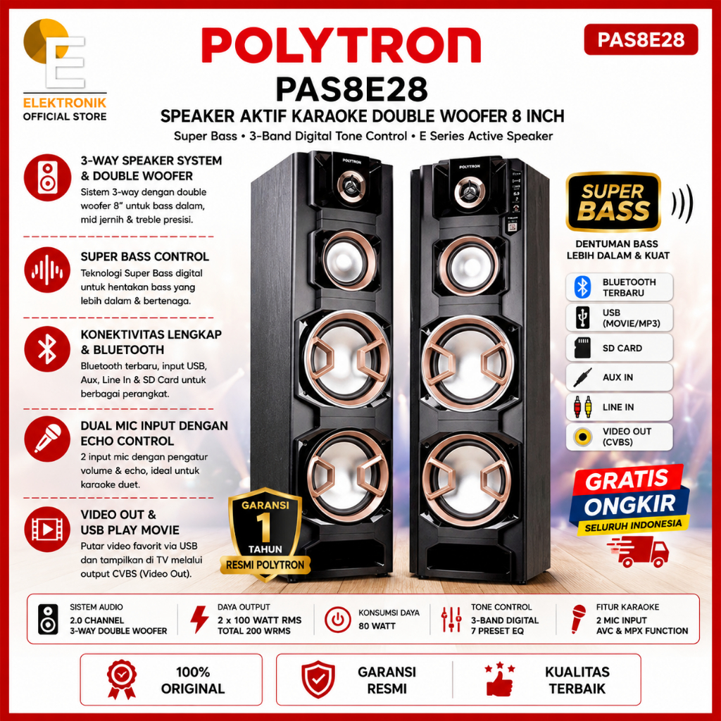 Polytron PAS8E28 Speaker Aktif Karaoke Double Woofer 8 Inch Super Bass 3-Band Digital Tone Control E