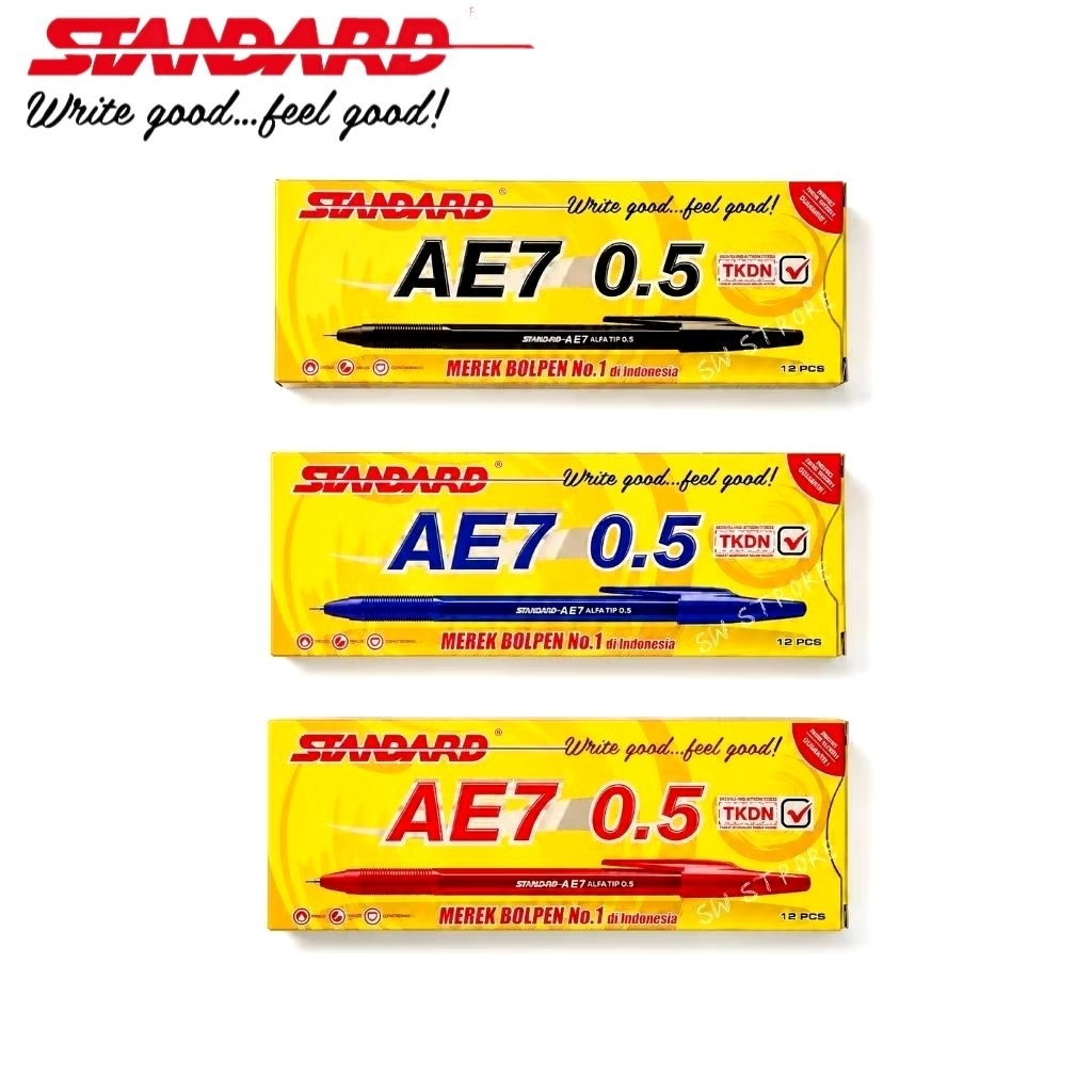 Pulpen Standar AE7 0.5mm Pena Pen Bulpen Hitam Biru Merah 1 Pack