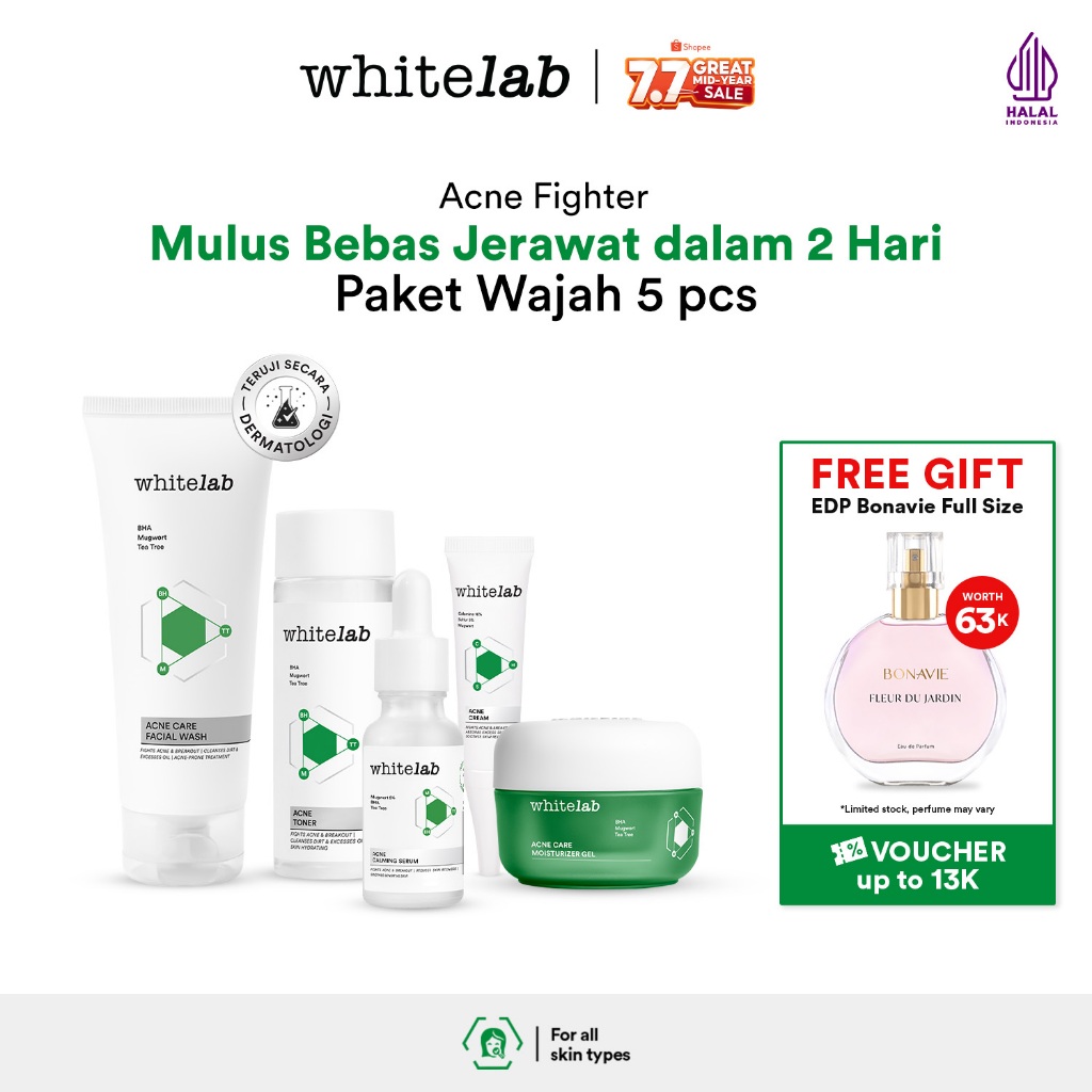 Whitelab 5 pcs Paket Acne Lengkap - Facial Wash, Toner, Serum, Moisturizer, Acne Cream Paket Skincar