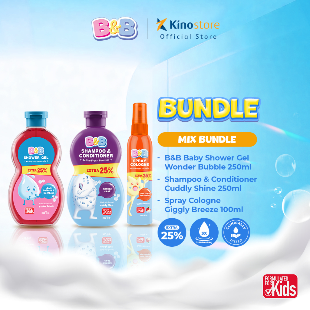 B&B Kids Shower Gel Wonder Bubble 200+50ml + Spray Cologne Giggly Breeze 80+20ml + Shampoo & Conditi