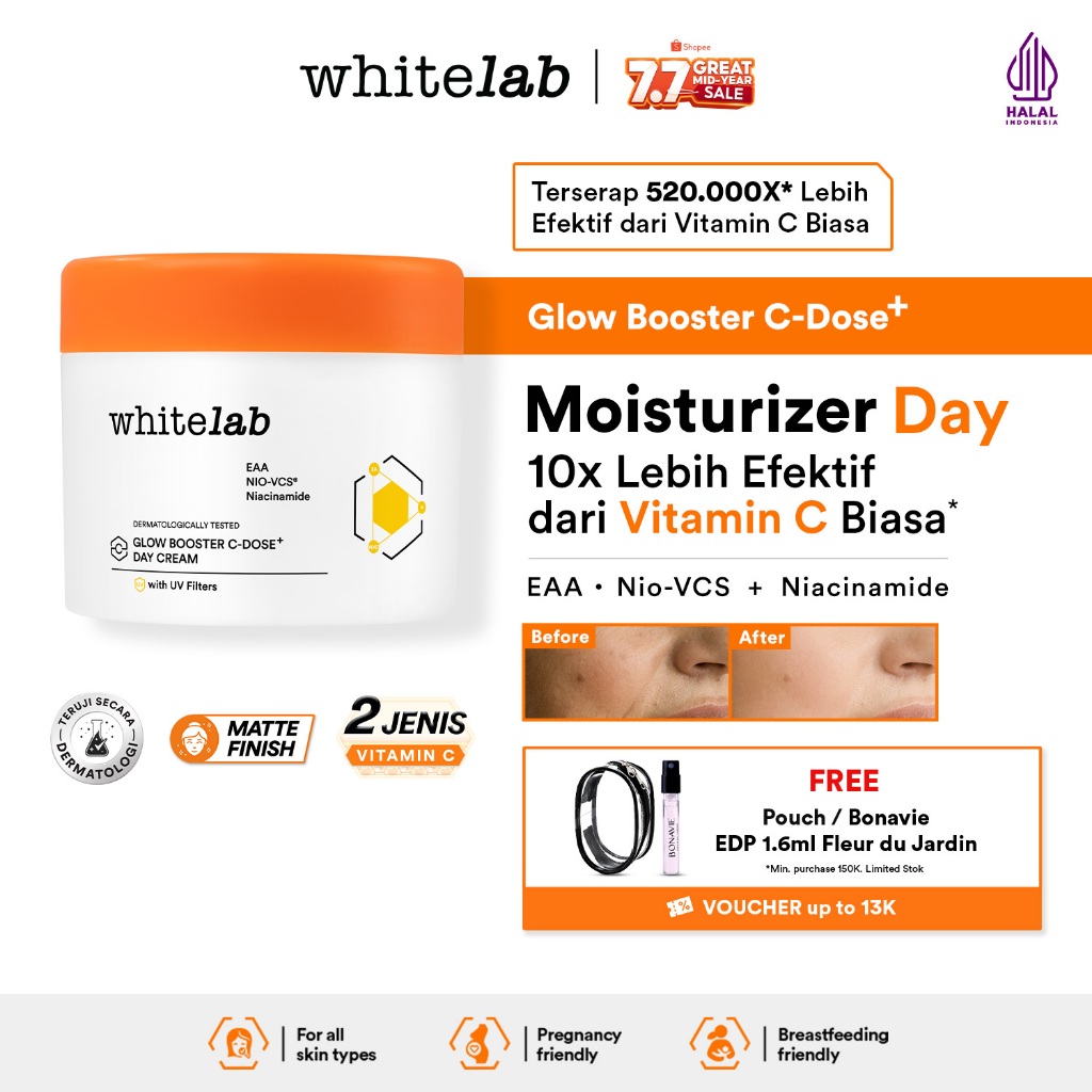 Whitelab Glow Booster C-Dose+ Day Cream - Pelembap Krim Pagi Pencerah Wajah untuk Kulit Kering denga