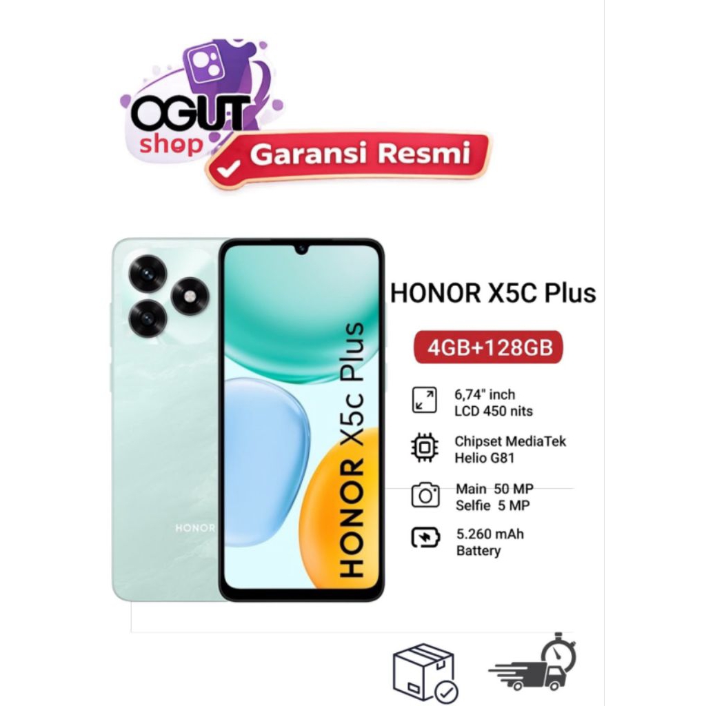 HONOR X5c Plus RAM 8GB (4+4GB) ROM 128GB Smartphone 50MP Ultra Clear Camera | Baterai 5260mAh Garans