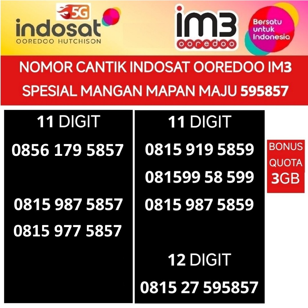 indosat ooredoo im3 nomor cantik hoki 5758 maju mapan 59 mangan kartu perdana nomer 4G 5G bonus quot