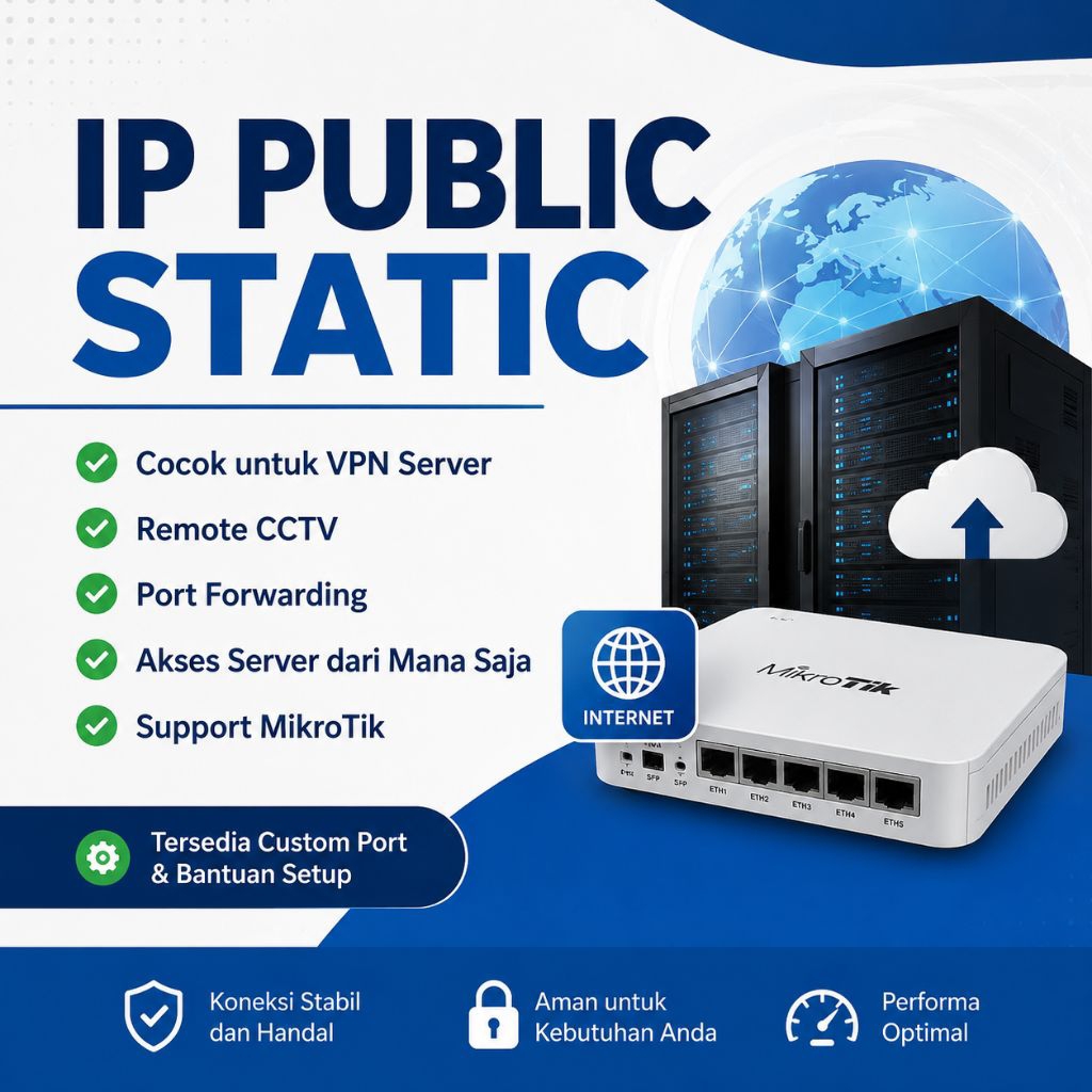 IP Public Static Custom Port | Support MikroTik, VPN, CCTV, Server | Speed Up To 5 Mbps | Support Se