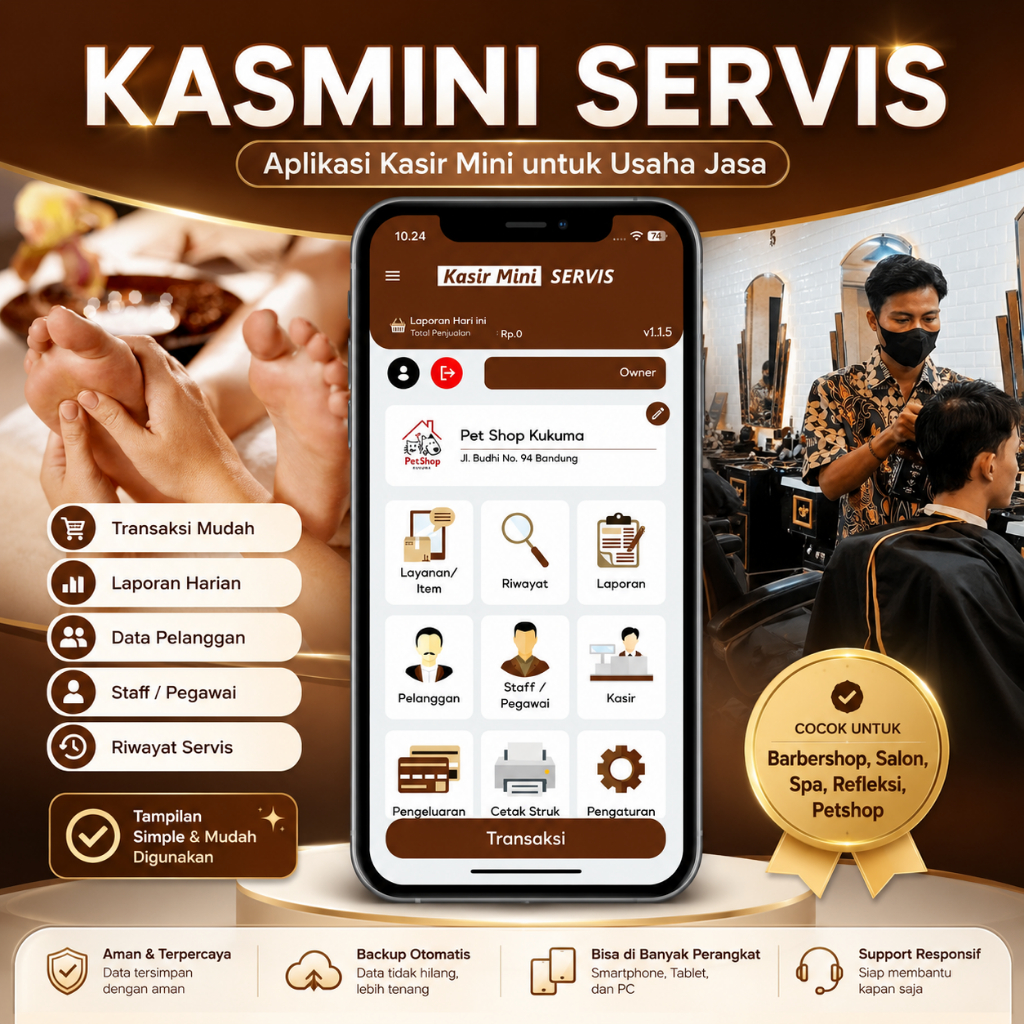 Aplikasi Kasir Mini Servis Android KASMINI untuk Barbershop Salon Spa Refleksi Jasa Service