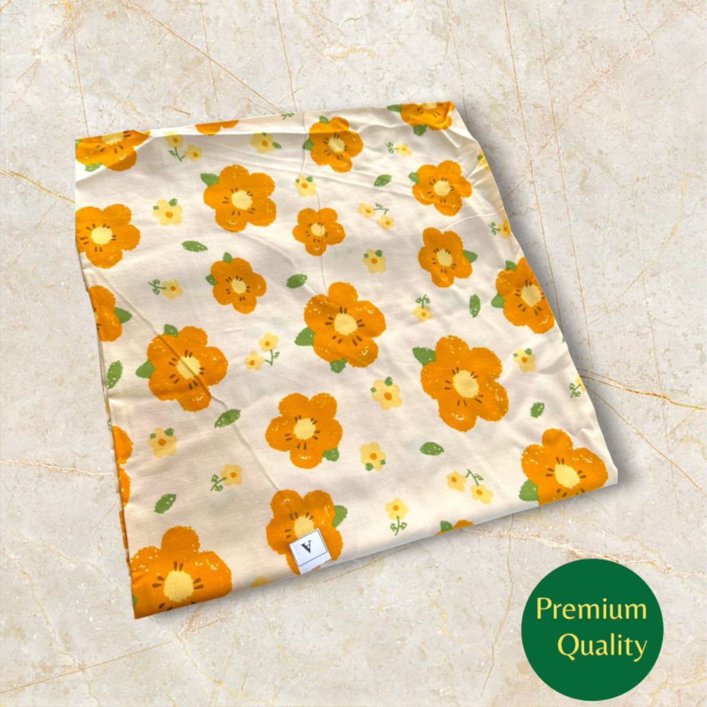 Kain Katun Rayon Viscose Premium - Kain Katun Motif Bunga Orange Vintage Premium Lembut Floral Cream