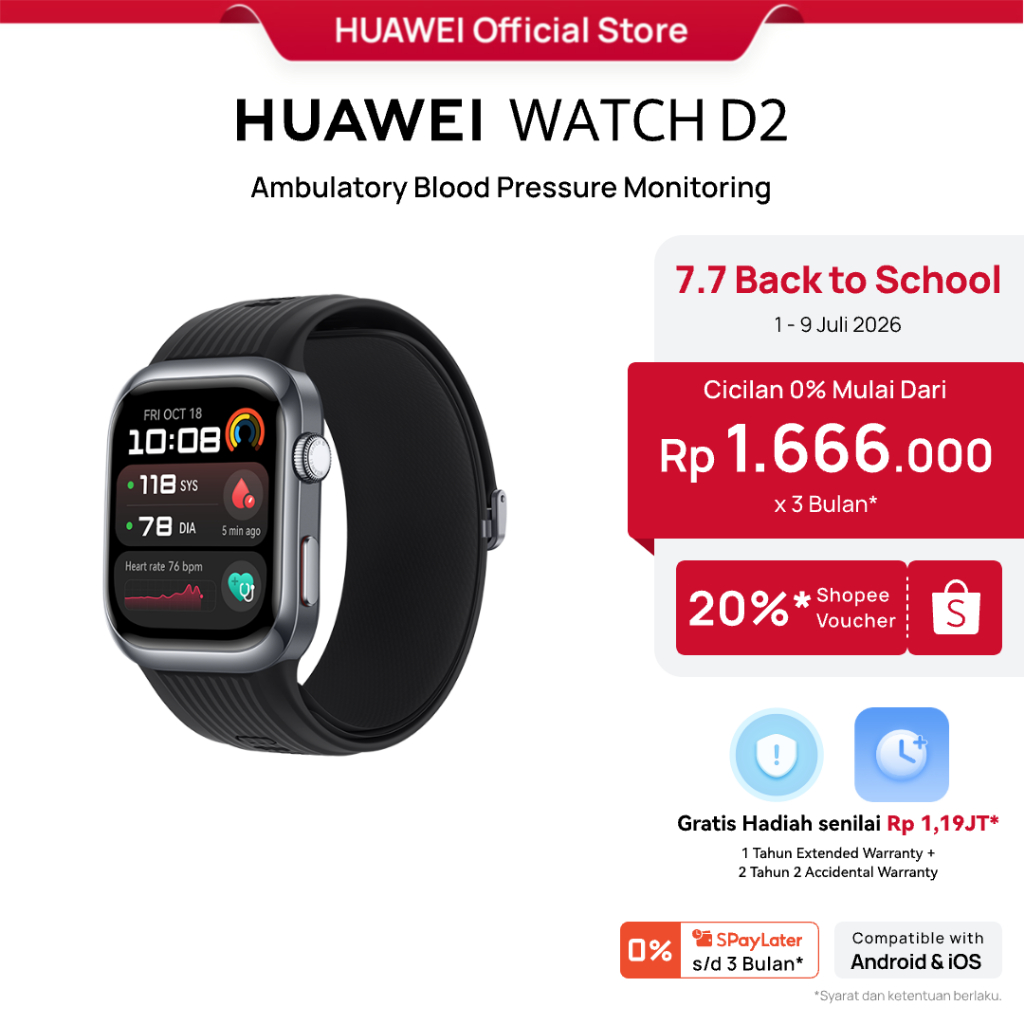 [7.7 Voucher s/d 20%] HUAWEI WATCH D2 Smartwatch | 24-hour Ambulatory Blood Pressure Monitoring | Li
