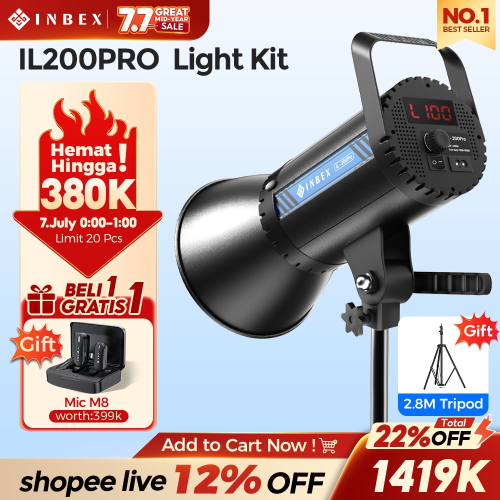 INBEX IL200PRO COB Lampu Studio Profesion 200W Sorotan Pencahayaan-Pembuatan Konten Video Streaming